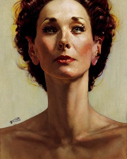 Image similar to head and upper body portrait of elegant striking mature space woman by norman rockwell, roberto ferri, daniel gerhartz, edd cartier, jack kirby, howard v brown, ruan jia, tom lovell, frank r paul, dean cornwell, astounding stories, amazing, fantasy, other worlds