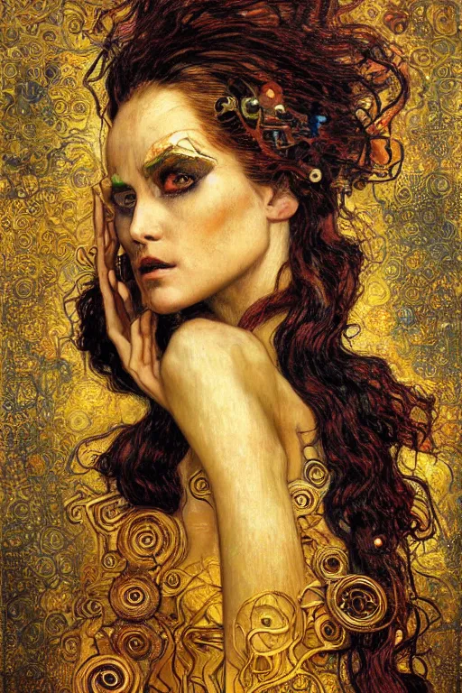 Image similar to Intermittent Chance of Chaos Muse by Karol Bak, Jean Deville, Gustav Klimt, and Vincent Van Gogh, beautiful inspiring portrait, enigma, Loki's Pet Project, destiny, Poe's Angel, fate, Surreality, inspiration, muse, otherworldly, fractal structures, arcane, ornate gilded medieval icon, third eye, spirals