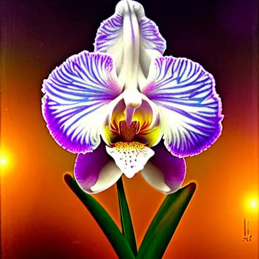 Image similar to white holographic orchid iris hybrid flower surrounded by lsd dew drops on petals, backlit, sunset, refracted lighting, photorealistic, soft, sharp focus, art by collier, albert aublet, krenz cushart, artem demura, alphonse mucha