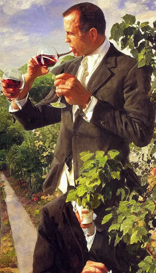 Image similar to still life painting of Joe Biden drinking wine in a garden by Peder Krøyer, golden hour, dramatic lighting, intricate detail, canvas print