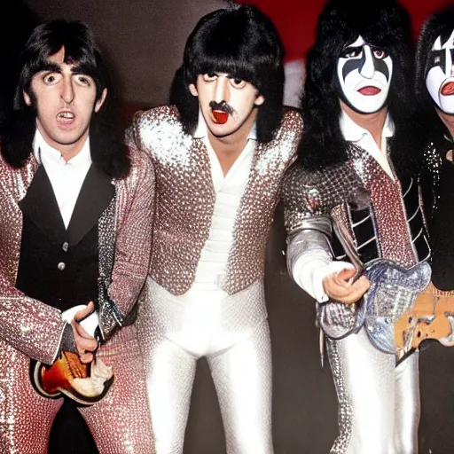 Image similar to the beatles playing together with kiss in a concert