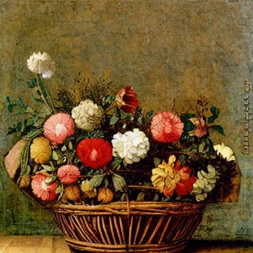 Prompt: basket of flowers, oil painting by leonardo da vinci, - h 7 0 4 - w 1 4 0 8