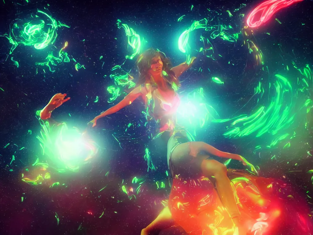 Prompt: a hyperrealistic portrait render of a beautiful woman dancing and squirting fluorescent liquid in the cosmos, unreal engine 8k, by jean giraud