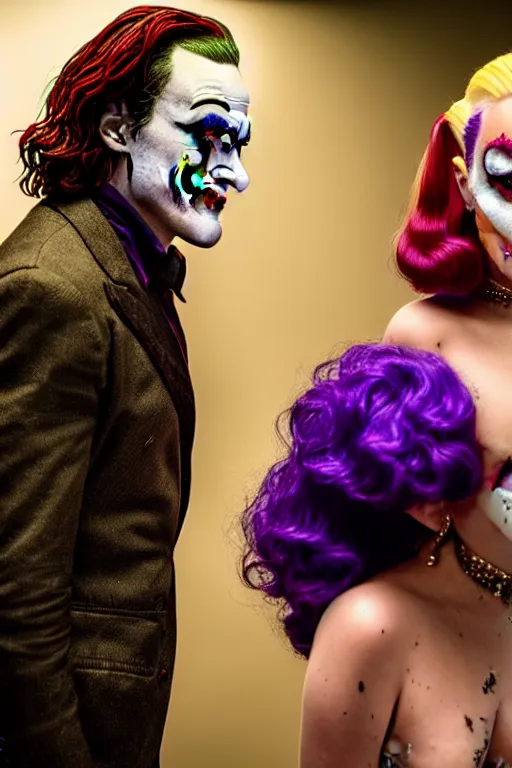 Image similar to joaquin phoenix joker with harley queen lady gaga, photorealistic, smooth, 4 k, aesthetic lighting, baroque object, sharp focus, hyperdetailed, professional photography, pullitzer winning, 8 0 0 photo by : canon eos 5 d mark iv, by karah mew and adnan abidi and jodie bateman