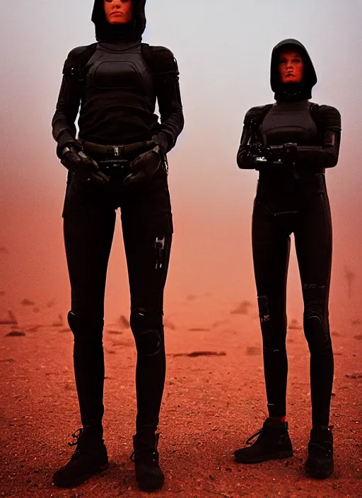 Image similar to cinestill 5 0 d 3 5 mm photographic portrait of two loving female androids wearing rugged black techwear on a desolate plain with a red sky, extreme closeup, lizard on ground, cyberpunk style, a brutalist dark metal facility in background, dust storm, 8 k, high resolution, f / 3. 2, ultra realistic faces