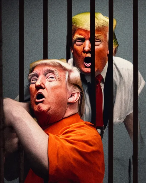 Image similar to Medium shot photo of scared Donald Trump in prison jail wearing orange pajamas with an American bald eagle attacking his head, Annie Leibowitz, octane, dramatic lighting, editorial photo, 35mm, very detailed