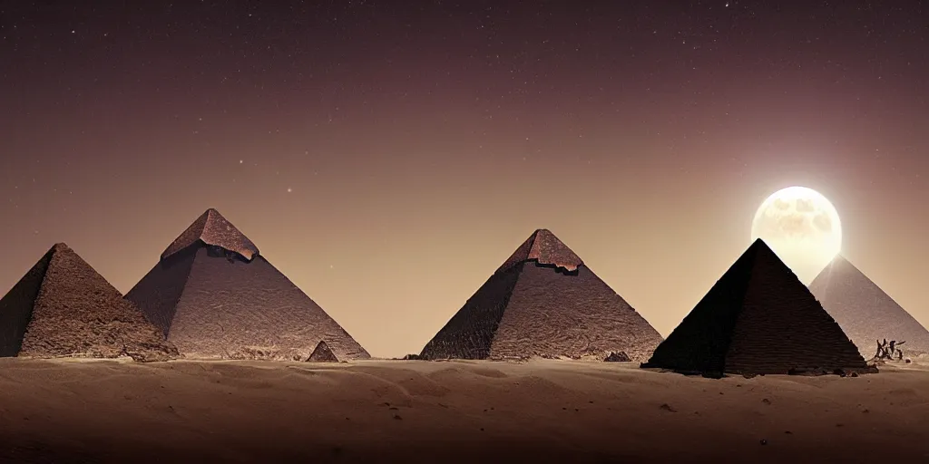 Image similar to meteorite impact the pyramids, greg rutkowski, 8 k, shallow depth of field, full moon, ultra high detail, concept art,