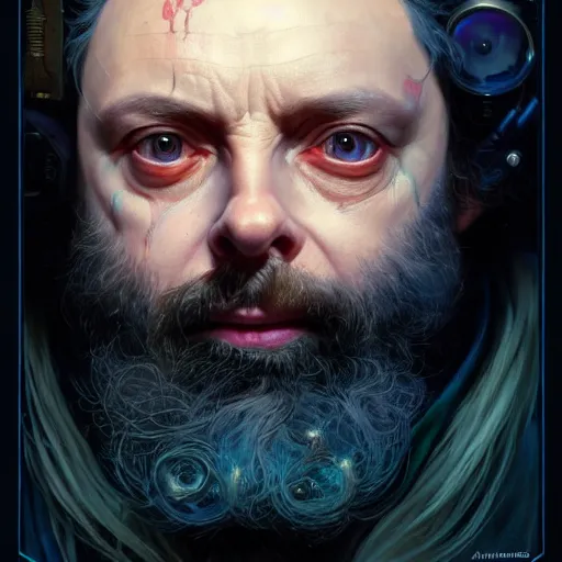 Image similar to portrait painting of a cyberpunk dwarf mage michael sheen, ultra realistic, concept art, intricate details, eerie, highly detailed, photorealistic, octane render, 8 k, unreal engine. art by artgerm and greg rutkowski and charlie bowater and magali villeneuve and alphonse mucha