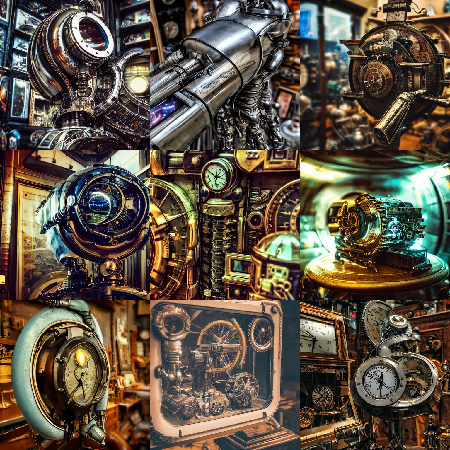 Image similar to time traveling machine futuristic cybernetic realistic prop photo in antique store, detailed, photography, trading on artstation, wideshot, 8K