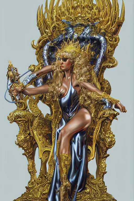 Prompt: airbrush painting of an amazing golden queen seated over a fantasy throne, by hajime sorayama and boris vallejo, realistic, hyperdetailed, centered, magic, trending on artstation,