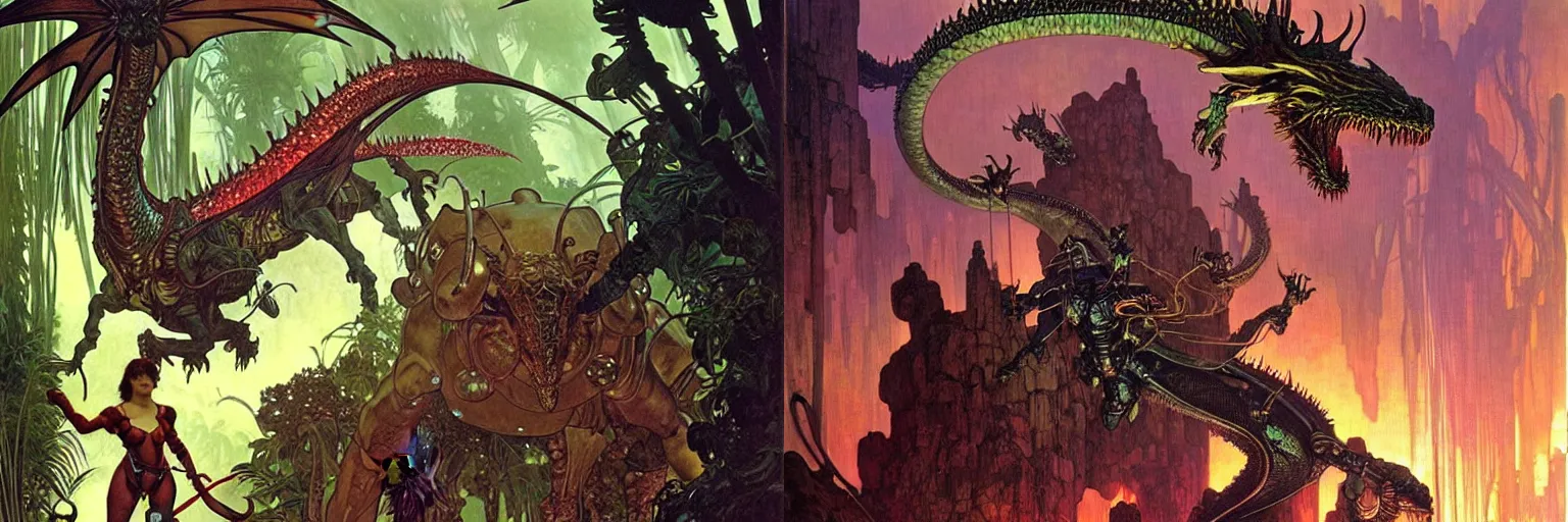 Prompt: realistic giant dragonlfy with few element of cyberpunk armor attacking tiny creatures in jungle, by moebius!!!!, alphonse mucha, ayami kojima, amano, greg hildebrandt, and mark brooks, art nouveau, cyberpunk, neo - gothic, cinematic view!!!, dynamic lighting, night
