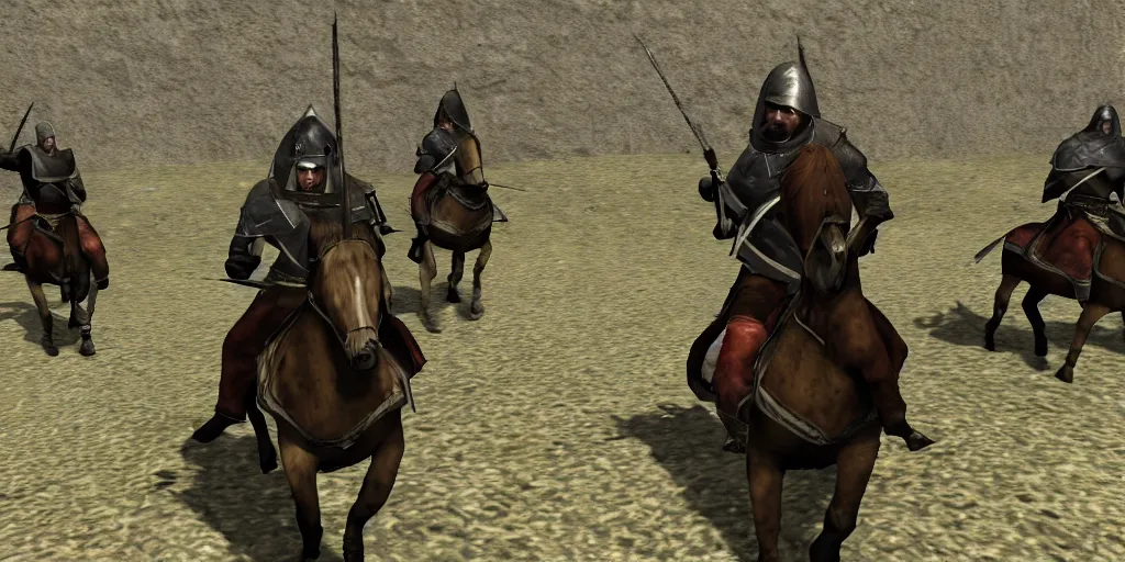 Prompt: mount and blade screenshot riding into battle