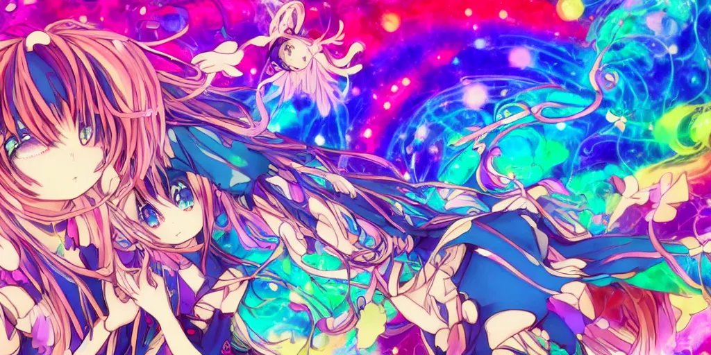 Image similar to Dreamy psychedelic anime, extremely colorful, geometric, Madoka witch labyrinth, patchwork, photoshop, HDR, 4k, 8k, abstract, two anime girls standing within two raging colorful vortexes, detailed and cute faces on the anime girls, very cute and childlike, hugging, smiles and colors