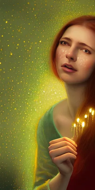 Image similar to an amazed young woman surrounded by golden firefly lights in a mesmerizing scene, sitting amidst nature fully covered, long loose red hair, precise linework, accurate green eyes, small nose with freckles, smooth oval shape face, empathic, bright smile, expressive emotions, hyper realistic ultrafine portrait by artemisia gentileschi, jessica rossier, artgerm