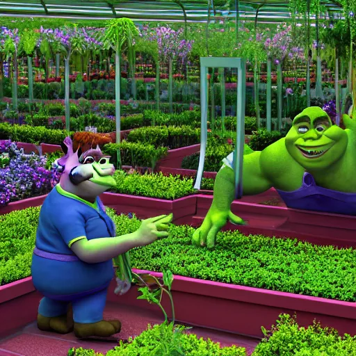 Image similar to DSLR photograph of Shrek tending to a beautiful greenhouse garden on a space station, Pixar dream works render,