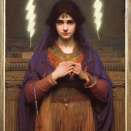 Prompt: orientalist portrait of a female mage casting a glowing lightning magic spell in a sandstone temple intricate portrait by john william waterhouse and Edwin Longsden Long and Theodore Ralli and Henryk Siemiradzki, very coherent symmetrical artwork. Cinematic, hyper realism, high detail 8k