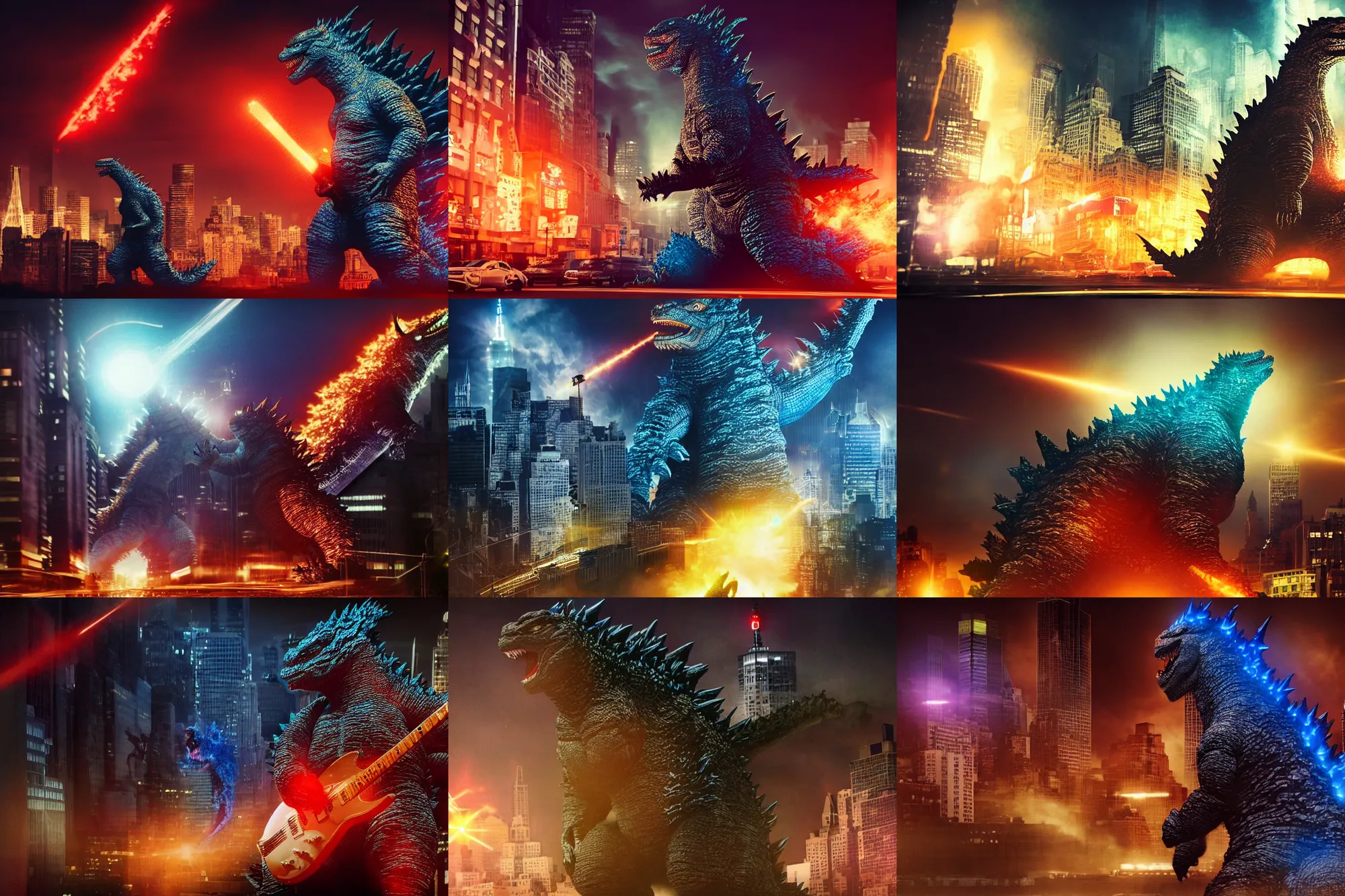 Prompt: a high quality photo of Godzilla playing electric guitar, in New York city, night time, render, ultra realistic, cgsociety