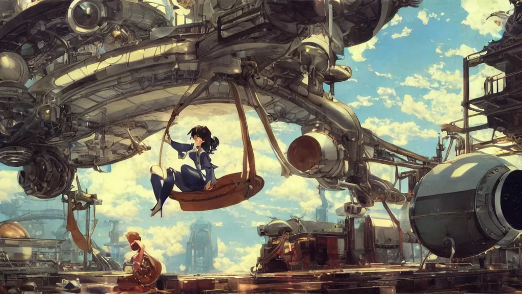 Prompt: a film still of a 1 9 5 0's mechanic anime girl sitting on top of flying ufo landing in hangar of giant ufo spaceship, finely detailed features, full body mid shot, perfect art, trending on pixiv fanbox, painted by gaston bussiere, makoto shinkai, akihiko yoshida, gaston bussiere, craig mullins, studio ghibli