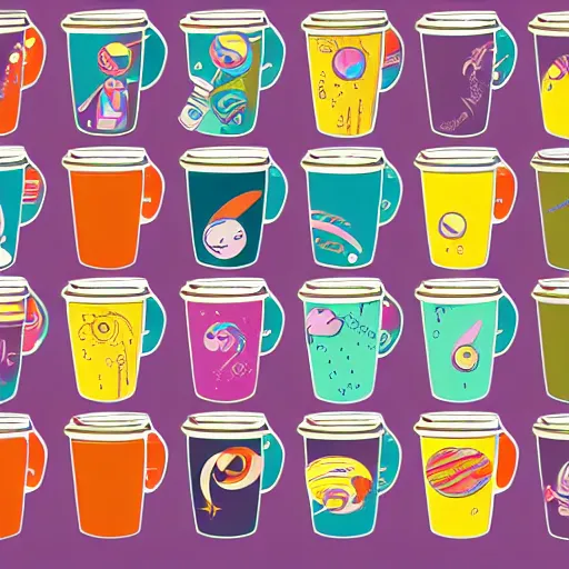 Image similar to stickers of colorful space bongs and coffee mugs, vector, graphic design