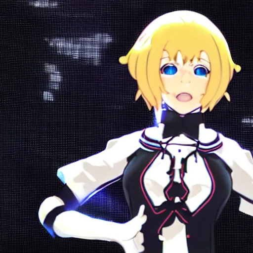 Prompt: Aigis from Persona 3 singing on stage
