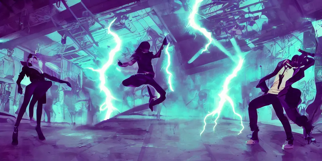 Prompt: Lightning rap battle, silhouettes, digital art, vapor wave, hip hop, graffiti, trending on Artstation, professional artist, detailed, 4k