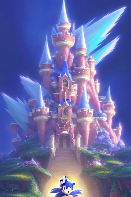 Image similar to ! dream crystal sonic the hedgehog castle, exquisite details, denoised, mid view, by artsation, greg rutkowski, makoto shinkai, takashi takeuchi, studio ghibli