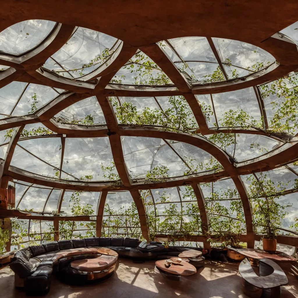 Prompt: inside luxurious earthship with futuristic sunken lounge and indoor garden with circular skylights, XF IQ4, 150MP, 50mm, F1.4, ISO 200, 1/160s, sunset