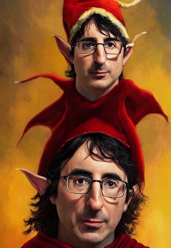 Prompt: a face portrait of john oliver as an elf from lord of the rings, warm colors, soft lighting, atmospheric, cinematic, moody, in the style of diego koi, gina heyer, luiz escanuela, art by alyssa monk, hyperrealism, rule of thirds, oil on canvas, 8 k