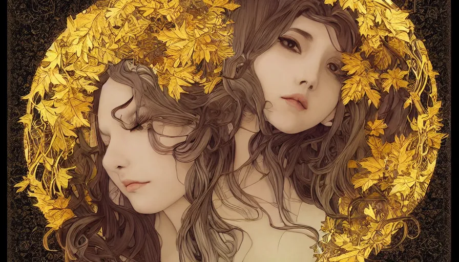 Prompt: golden leaves at frame border, moon, creative!!! composition for a book cover!!!, absurdly beautiful, ultrafine hyperrealistic detailed old!! witch face by wlop and artgerm and alphonse mucha, intricate linework, sharp focus, smooth, octopath traveler, final fantasy, unreal engine, dramatic lighting, ethereal, 8 k