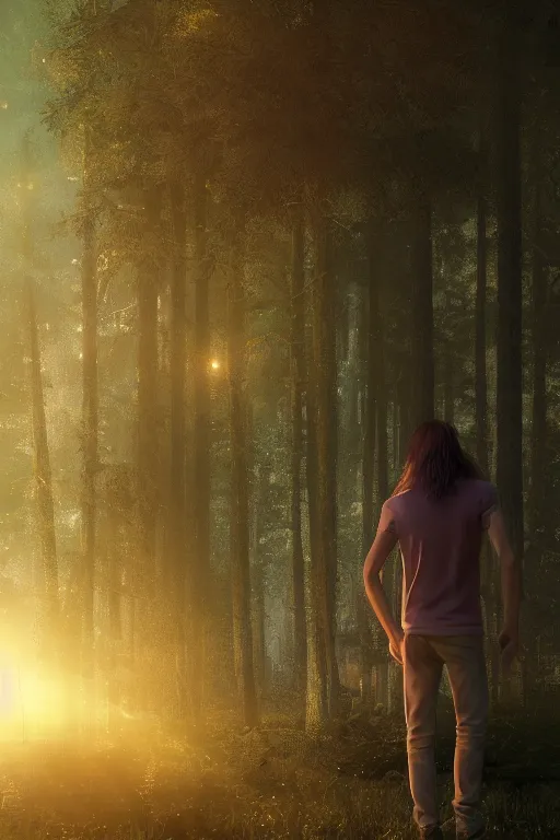 Image similar to young man with long hair made of real gold, slender, back view, trees, detailed forest background, webtoon, breathtaking scenery, colourful, 8 k, graphic novel, digital art trending on artstation, volumetric lighting, octane render, cinematic, hyper detailed, magical atmosphere