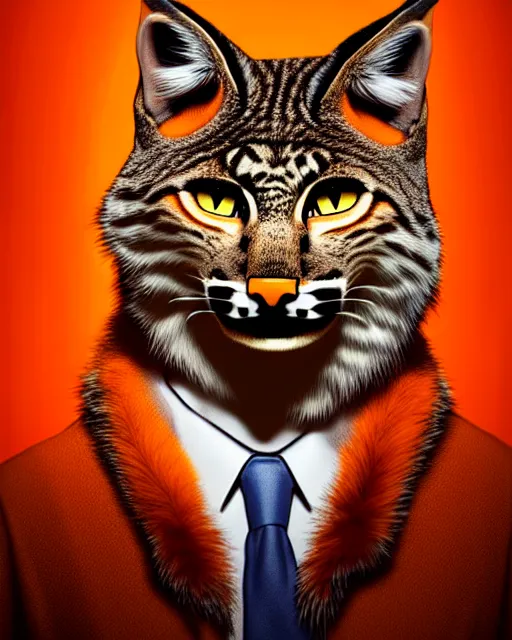 Prompt: eric - anthony johnson comic cover art, bobcat! with orange fur, symmetrical eyes, symmetrical face, white shirt!, cinematic lighting