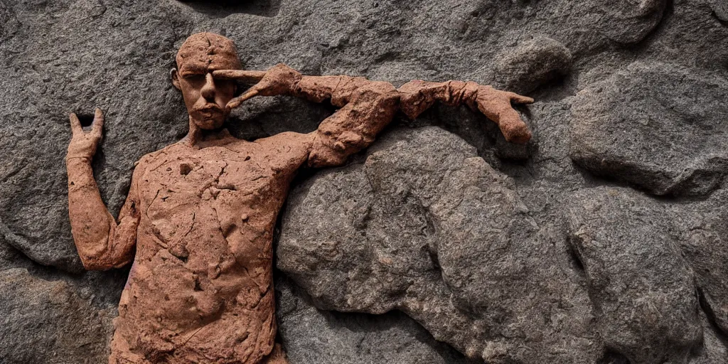 Image similar to highly detailed photography of a men made of rust clay, big rocks, hand gesture, sharp focus, clay texture, dramatic scene, aesthetic, dynamic lighting, elegant, harmony, masterpiece, by javier marin, high quality, spatula