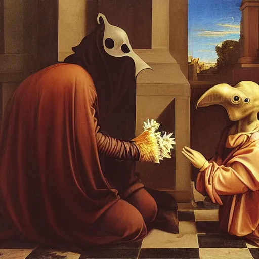 Prompt: a plague doctor giving a flower to a sick child, renaissance painting, golden ratio, morning light, 8k