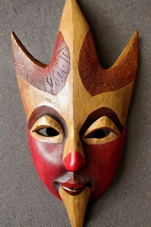 Image similar to a flat carved wooden elf mask face, staring eyes, vividly coloured, highly detailed, vintage european folk art, colour photograph