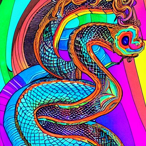 Prompt: a being of pure light, giant rainbow iridescent serpent is wrapping around its body, hyper detailed, ultra fine colored inking lines