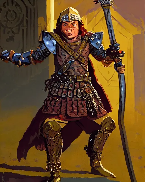Image similar to beverly toegold the fift, epic level dnd male halfling nature paladin, wielding the golden holy avenger sword, wearing magical gleaming chainmail armor. full character concept art, realistic, high detail digital gouache painting by angus mcbride and michael whelan and jeffrey jones