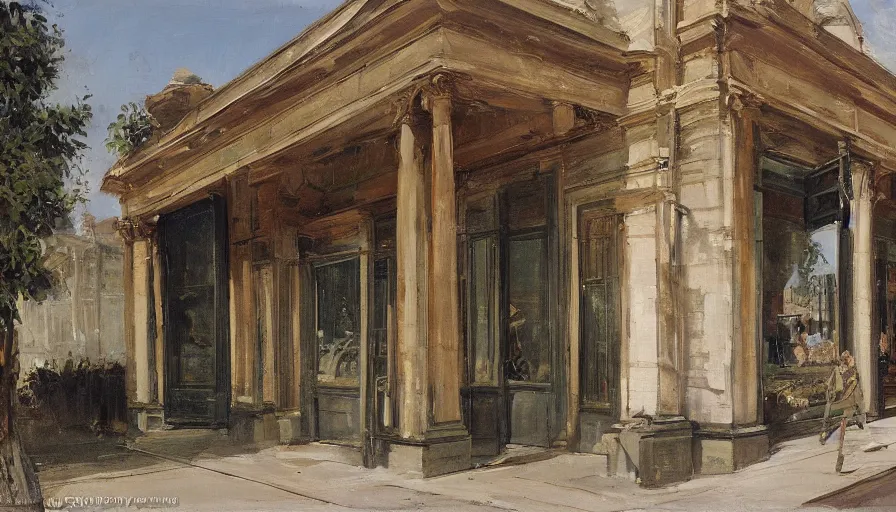 Image similar to straight one point perspective artwork painting of the storefront front of a building by eugene von guerard, ivan shishkin, john singer sargent