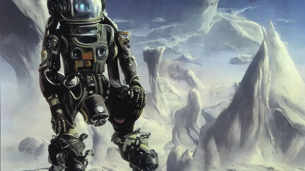 Image similar to futuristic organic spacesuit design by john schoenherr and jim burns, epic cinematic matte painting