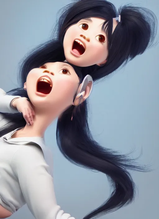 Image similar to a cute asian girl singing, flowing hair in the style of pixar animation, full body shot, low angle view, award winning, hyper detailed, studio lighting, artstation, octane renderer, unreal engine