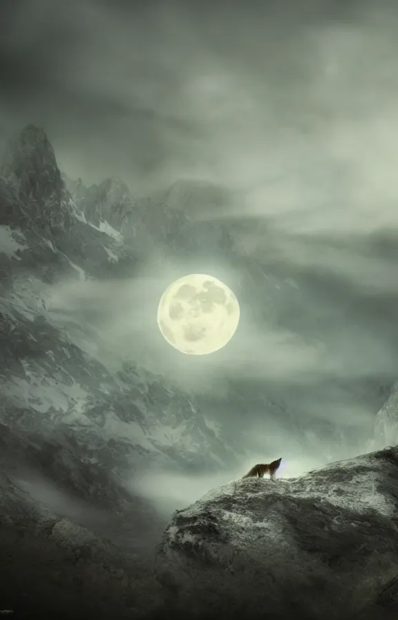 Image similar to a photograph of a wolf at full moon in a mountainous environment, full moon with fog and clouds, concept art, epic lighting, cinematographic