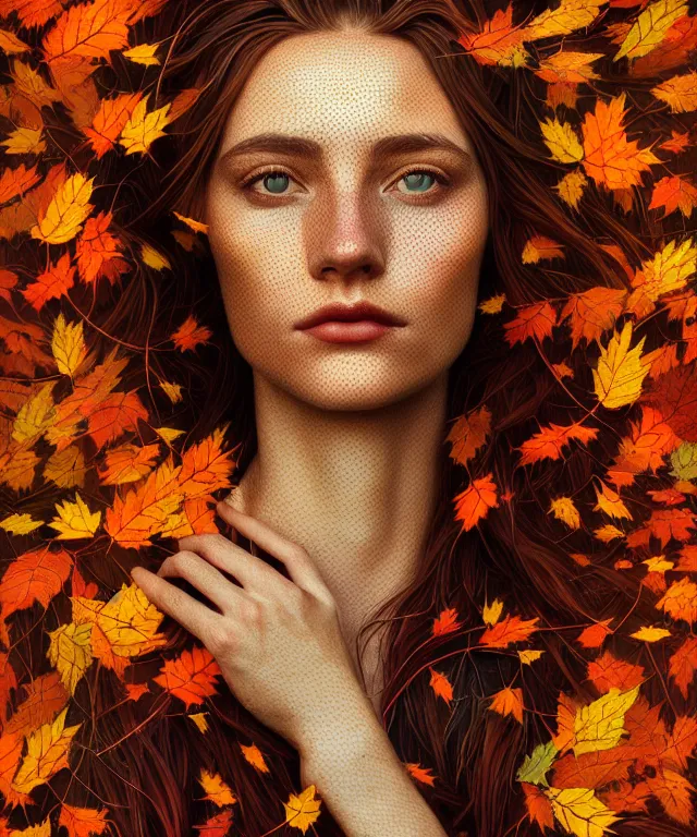 Prompt: a striking!! detailed! portrait of a woman with hazel eyes, shards of the afternoon falling down like broken stained glass, autumn leaves, hyperrealistic art nouveau, neural pointillism, earth tones, octane, 8 k