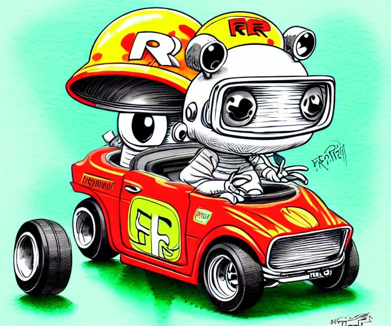 Image similar to cute and funny, cute pepe wearing a helmet riding in a tiny hot rod with oversized engine, ratfink style by ed roth, centered award winning watercolor pen illustration, isometric illustration by chihiro iwasaki, edited by range murata, details by artgerm