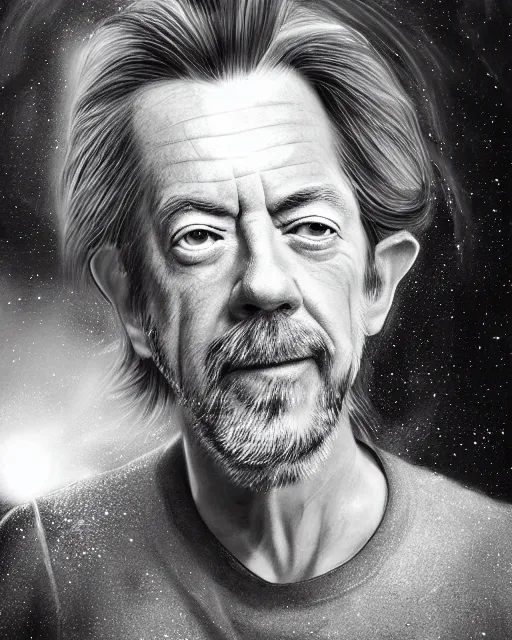 Image similar to alan watts floating in the universe portrait painting highly detailed procreate, 3d render senior artist, photorealistic, textured, featured on artstation