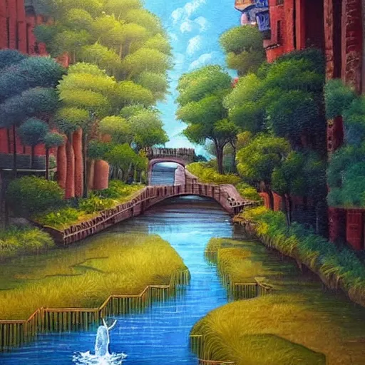 Image similar to Cosy waterway in city of the future in harmony with nature. Nice colour scheme, soft warm colour. Beautiful detailed painting by Lurid. (2022)