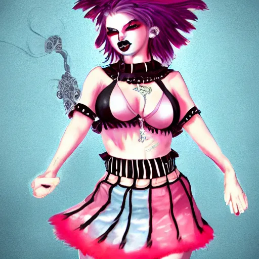 Image similar to goth anime clown in mini skirt and crop top intricate, extremely detailed, digital painting, artstation, concept art, smooth, sharp focus, illustration, intimidating lighting, incredible art, face and body