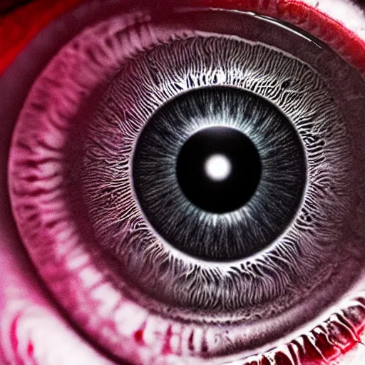 Image similar to a detailed extremely close up of inside the iris, cornea, red image, microscopic, extremely close up drawing by junji ito, cgsociety, generative art, lovecraftian, parallax, cosmic horror, extremely detailed, hyperrealism, unreal engine, octane render, award winning, masterpiece, highly detailed, realistic, 4 k, digital