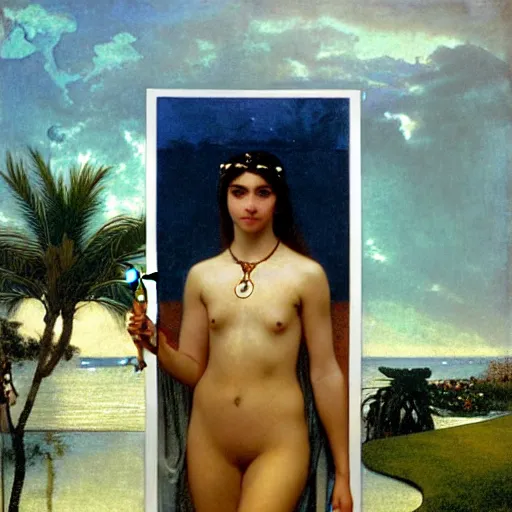 Image similar to Girl with a elixir chalice at the palace, thunderstorm, pool, beach and palm trees on the background major arcana sky, by paul delaroche, alphonse mucha and arnold böcklin arnold böcklin hyperrealistic 8k, very detailed