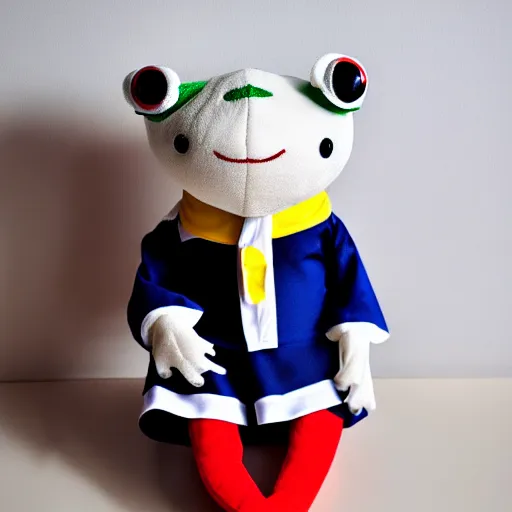 Image similar to stuffed animal frog wearing a sailor suit, plushie photography,