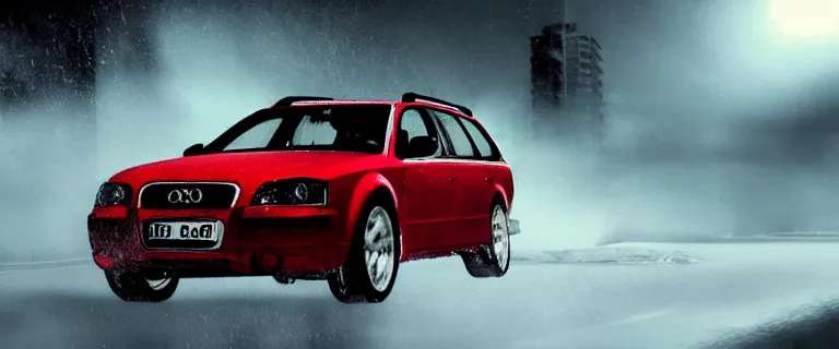 Image similar to Audi A4 B6 Avant (2002), a gritty neo-noir, dramatic lighting, cinematic, eerie person, death, homicide, homicide in the snow, viscera splattered all over the car, gunshots, establishing shot, extremely high detail, photorealistic, red mist, arson, burning city, cinematic lighting, artstation, by simon stalenhag, Max Payne (PC) (2001) winter New York at night, In the style of Max Payne 1 graphic novel, flashing lights, Poets of the Fall - Late Goodbye