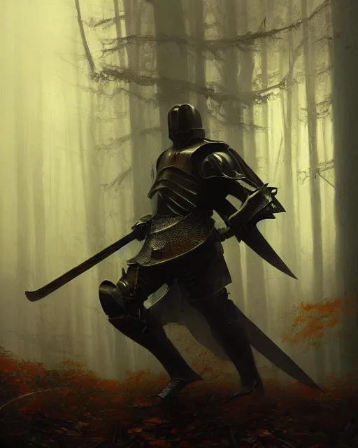 Image similar to Hyper realistic painting of a knight in rusty full plate armor wielding a greatsword, hyper detailed, surrounded by a dark forest, fog, moody, cinematic lighting, dim blue lighting, by greg rutkowski, trending on artstation